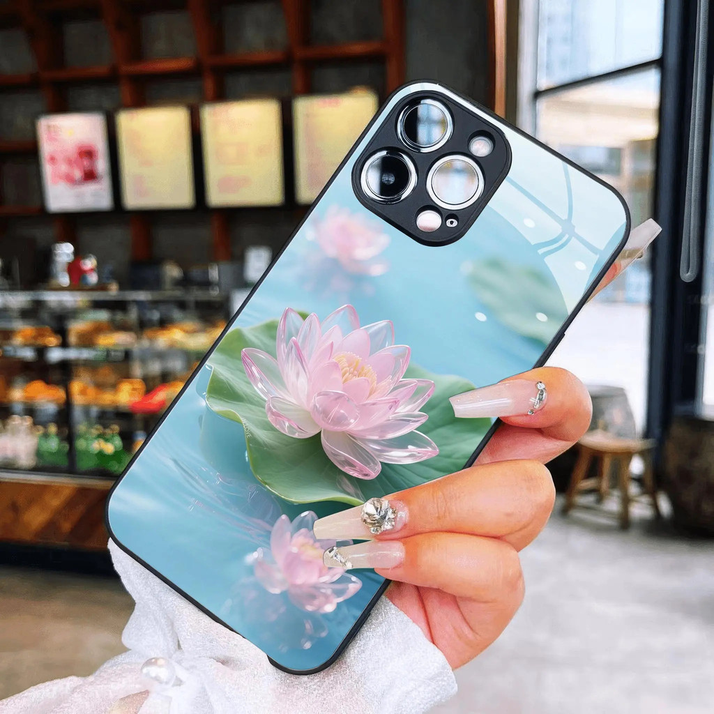 Ốp lưng kính nước hoa sen hồng trên hồ cho iPhone 17 16 15 14 13 12 11 8 7 6 6s 6p 7p 8p 6g 7g 8g 16e Pro Max XR XS xsmax Plus Air Promax mini Lady Case điện thoại Ốp lưng