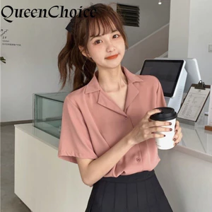 Áo sơ mi nữ tay ngắn màu trắng, cổ chữ V, phù hợp công sở