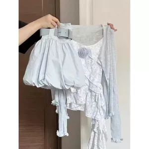Cardigan và Váy Two-Piece Dệt Kim Màu Xanh Hoa Bud Độc Đáo, Phù Hợp Mùa Hè