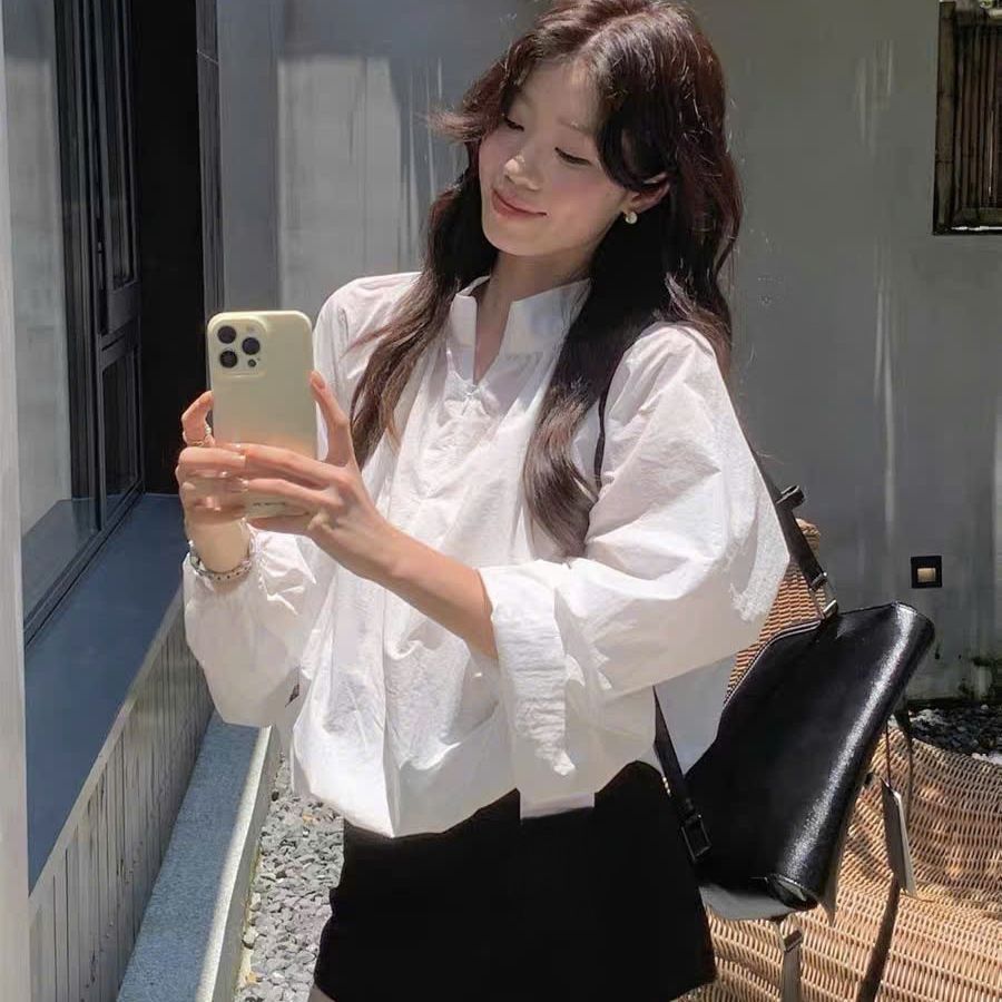 Áo Sơ Mi Cổ Đứng Dài Tay Chất Liệu Gió Nhăn Linh Tây Clothing  Áo Dài Tay Kiểu Dáng Bồng Kéo Khoá Mềm Mịn