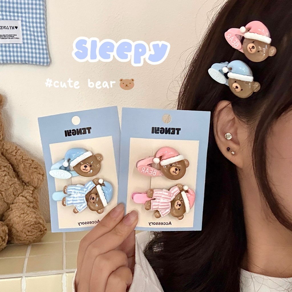 Bộ Đồ Ngủ Gấu Hoạt Hình Màu Nâu Sóng Tóc Ngọt Ngào kèm Kẹp Tóc Trang Sức Đa Năng
