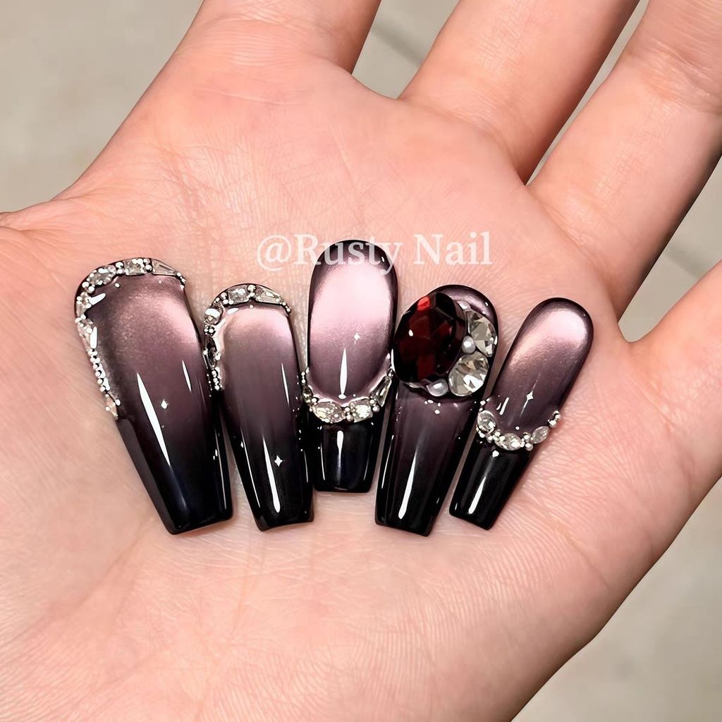 Yaoye Elf Ngọt Cay Nhấp Nháy Tím Mắt Mèo Handmade Đeo Móng Tay Cao Cấp Ánh Sáng Sang Trọng Dài Làm Móng Miếng Dán