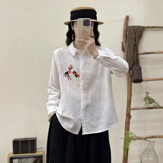 Áo sơ mi nữ cotton thêu mùa xuân, form skinny