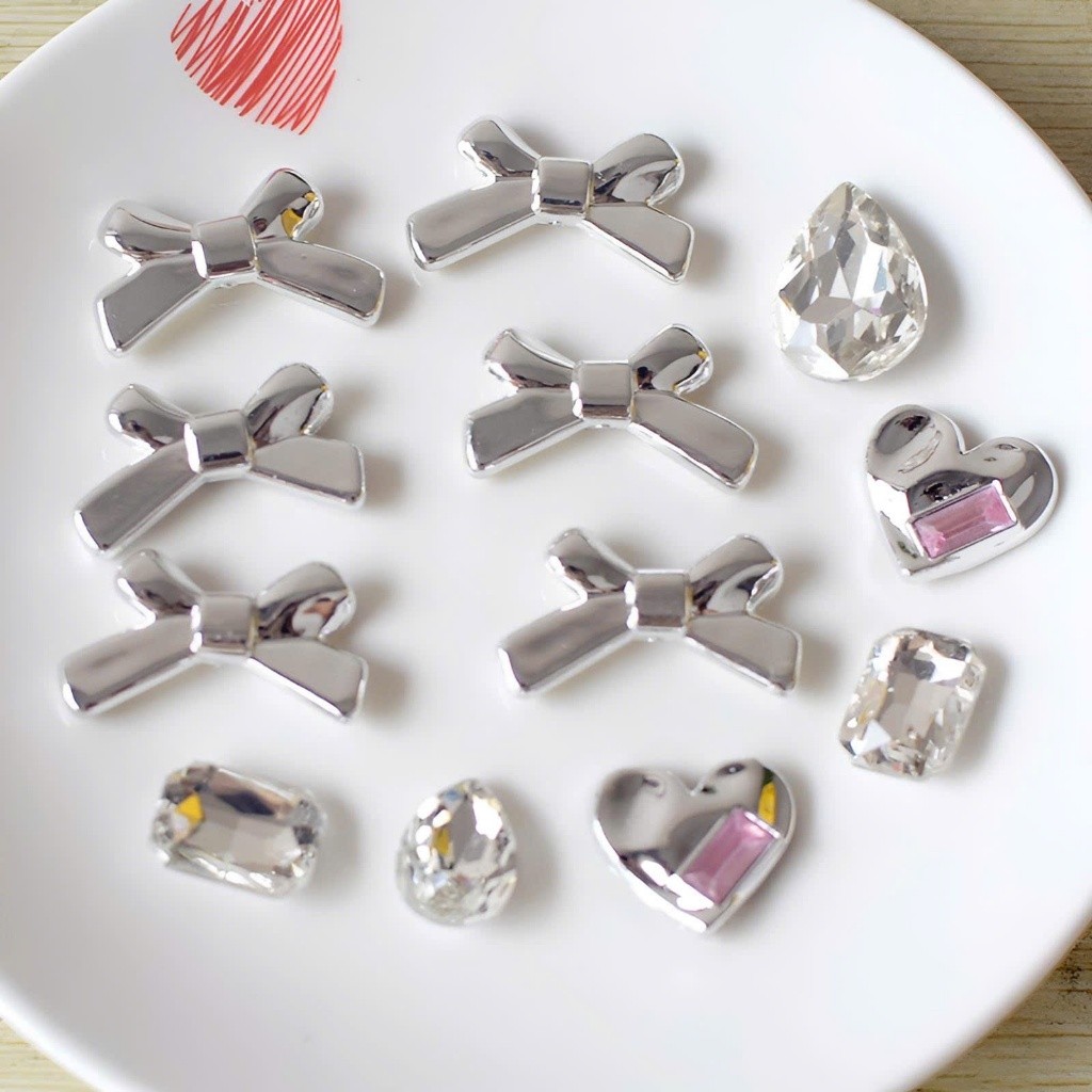 Set Charm Nơ Bạc Gương & Đá Pha Lê Trái Tim Sang Chảnh Lấp Lánh Phong Cách Thanh Lịch Cao Cấp Trang Trí DIY Xinh Xắn
