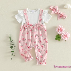 Bộ áo liền quần mùa hè cho bé gái in hoa cúc Bộ áo liền quần ngắn tay giả hai mảnh có dây đeo nơ