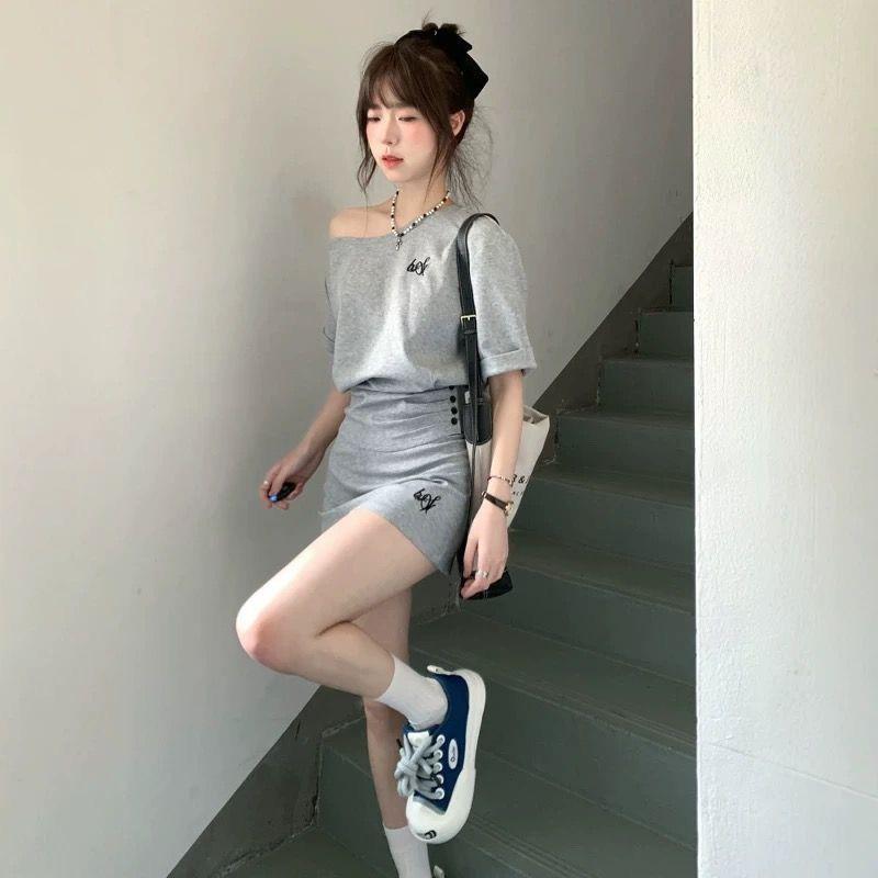 Bộ đồ thể thao phong cách Hàn Quốc dành cho nữ - Váy ngắn tay lệch vai, bộ hai mảnh