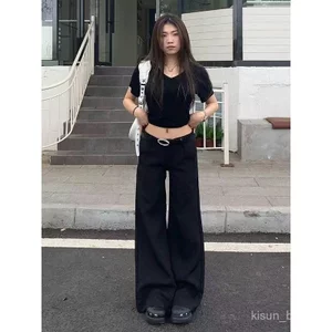 Quần jean dáng rộng ống rộng cho nữ, phong cách Mỹ dành cho bé gái hợp thời trang, màu đen, cỡ lớn, xuân hè