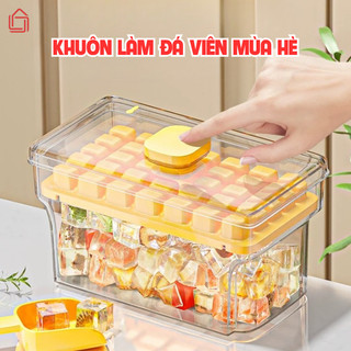 Khay Làm Đá Viên 64 Ô 2 Tầng Có Nắp Nhấn Tiện Lợi, Hộp Làm Đá Thông Minh Chống Mùi, Dễ Dàng Lấy Đá