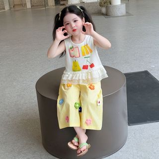 Bộ đồ cho bé gái – Áo sát nách phối quần ống rộng hoa nổi dễ thương, thoáng khí, phong cách Hàn hè
