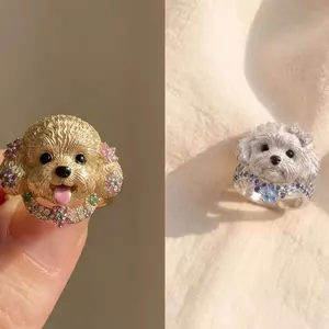 Bichon Puppy Phong Cách Ngọt Ngào Chó Nhẫn Thiết Kế Bông Flash Nhẫn Kim Cương Bạn Gái Hoạt Hình Dễ Thương Thú Cưng