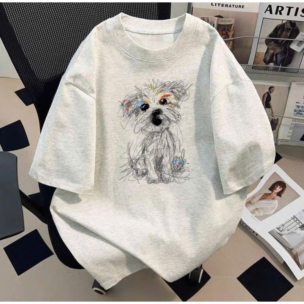 Áo phông unisex tay lỡ cotton su mát đa dạng Hình Chó xù dễ thương