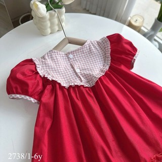 [8-26kg] Váy Đỏ Noel Tết Đuôi Cá Cổ Bèo Chất Thô Lụa Cho Bé Gái