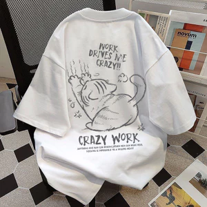 Áo thun nam nữ kiểu dáng thường ngày - họa tiết mèo đơn giản - 100% cotton - thời trang và dễ phối đồ - dáng rộng-T050