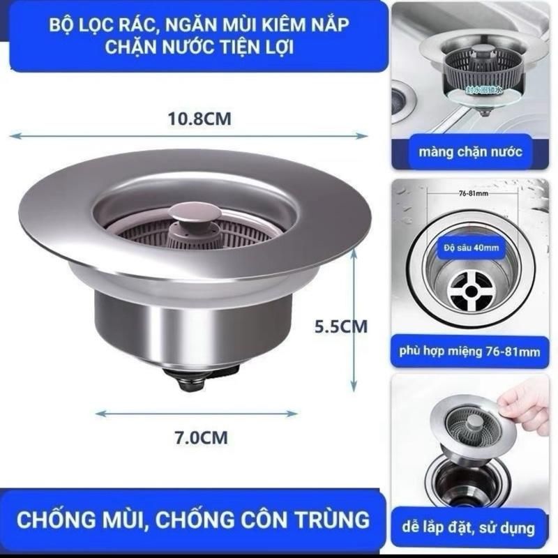 [3 IN 1] Bộ Lọc Rác Bồn Rửa Bát Có Giỏ Lọc Thức Ăn Thừa, Tích Hợp Nút Chặn Thoát Nước, Ngăn Mùi Hôi, Ngăn Chặn Tắc Nghẽn