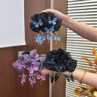 Kẹp tóc nữ phong cách Trung Hoa với họa tiết bướm lông tơ tua rua và đầu lưng cá mập