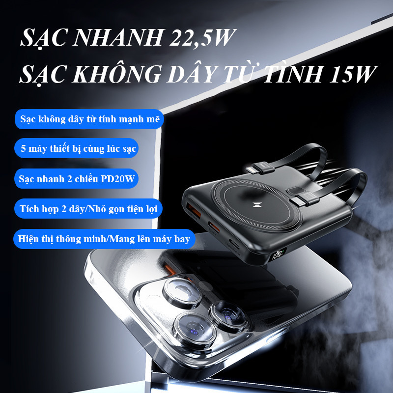 Pin Sạc Dự Phòng Không Dây 10000mAh Tích Hợp 2 Dây Sạc Nhanh Nam Châm Hít Chắc Chắn Tiện Lợi