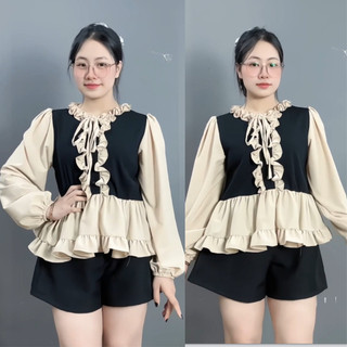 Áo Babydoll Tiểu Thư Bigsize Nữ Vải Nỉ Tăm Phối Voan Mềm Tay Dài Cổ Bèo Dễ Thương Vintage A336