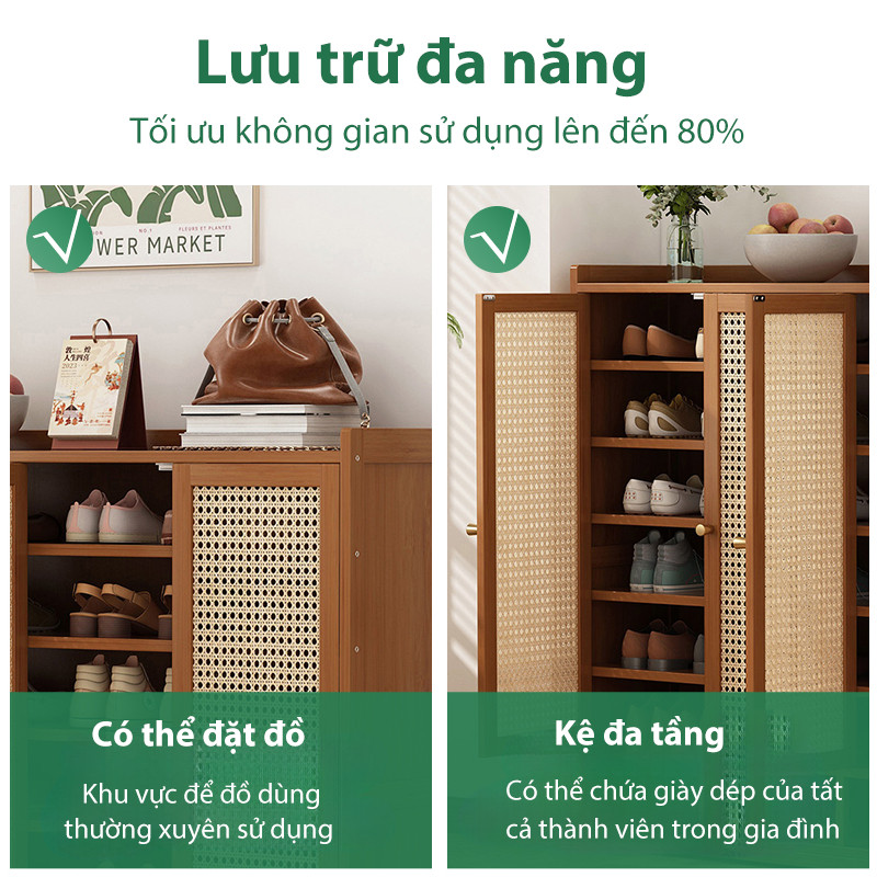 Tủ Giày Mây Đan Việt Nam Khung Gỗ Tự Nhiên Nhiều Tầng Đựng Đầy Đủ Giày Dép Cho Gia Đình