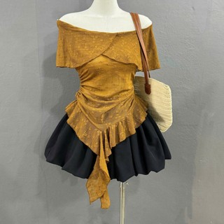 Bộ Áo Váy Bigsize Nữ VẢI LƯỚI REN MỎNG Áo Trễ Vai Vạt Bèo Tôn Dáng Phối Chân Váy Bí Xòe A350+CV413