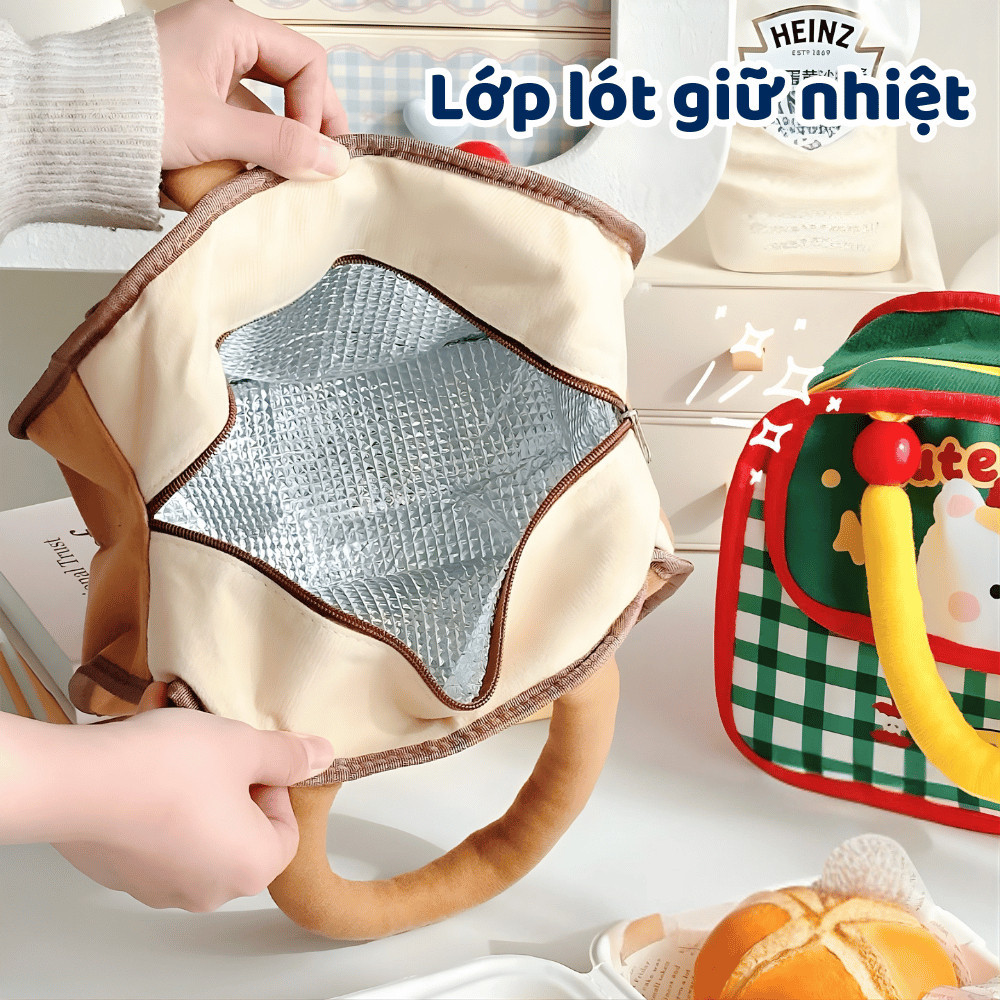 Túi Cơm Giữ Nhiệt Họa Tiết Gấu Cute, Túi Đựng Hộp Cơm Đi Học Văn Phòng, Chống Thấm DINO