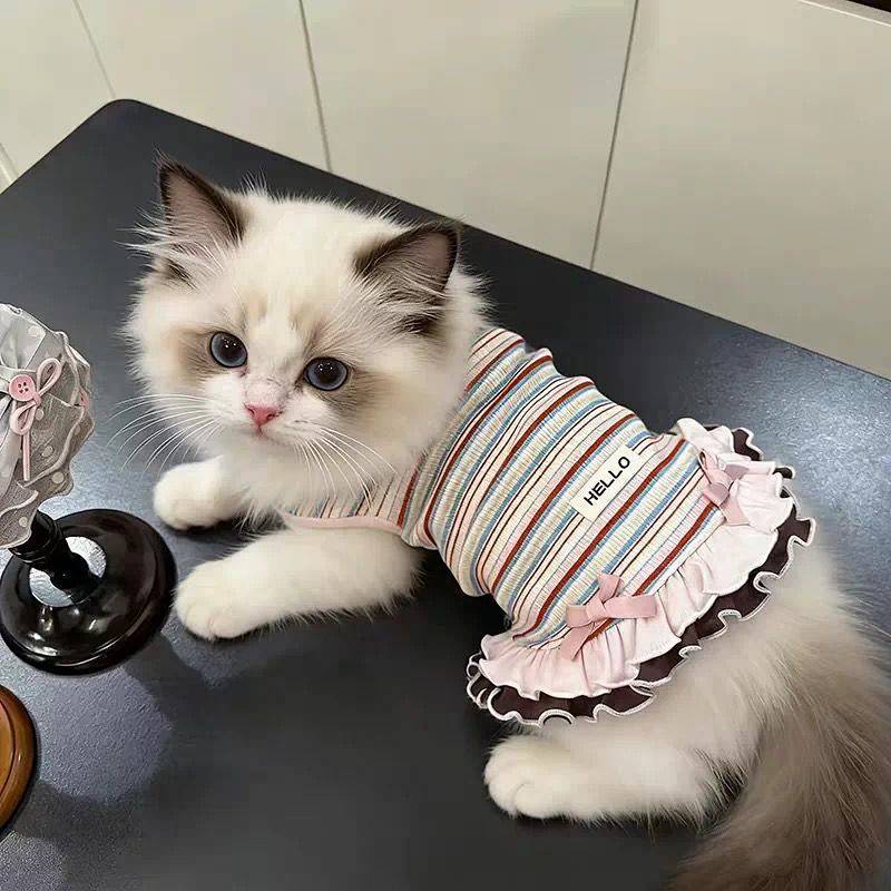 【Ready Stock】 Bow for Cats and Dogs Fresh Girl Sense Spring and Autumn Clothing Thin Ins Style Pet Striped Top Double-Layer Skirt nFit