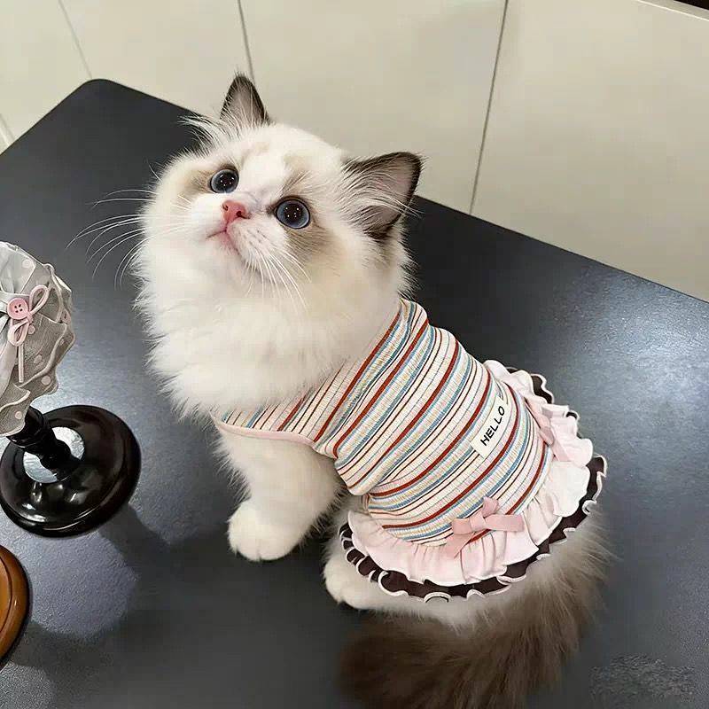【Ready Stock】 Bow for Cats and Dogs Fresh Girl Sense Spring and Autumn Clothing Thin Ins Style Pet Striped Top Double-Layer Skirt nFit