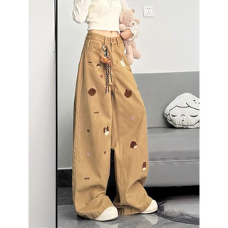 Quần Jean Ống Rộng Thêu Hình Gấu Màu Kaki Phong Cách Trẻ Trung Năng Động cho Nữ mùa Hè