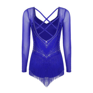 Yhong Nữ Khiêu Vũ Latin Kim Cương Giả Body Lưới Tay Dài Dây Đeo Mở Lưng Tầng Tua Rua Viền Leotard Áo liền quần Cho Hình Trượt Băng Tango Rumba Dance
