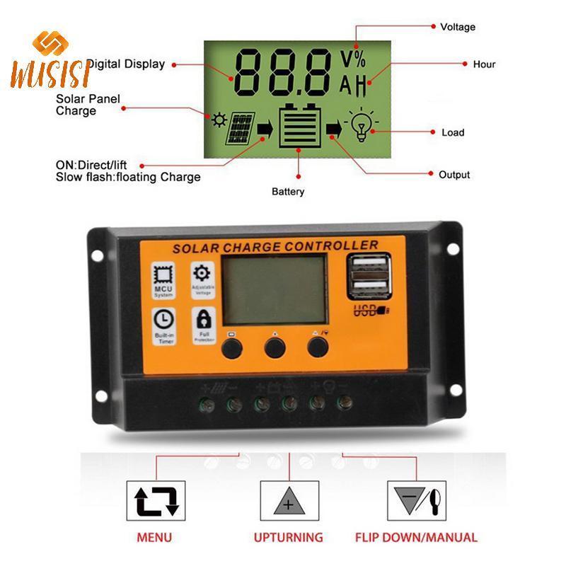 [WUSISI] Bộ điều khiển năng lượng mặt trời LCD 12V / 24V 30A 20A 10A Bộ điều chỉnh sạc năng lượng mặt trời Bộ sạc pin PWM Màn hình LCD USB kép 5V 2.5A Đầu ra MOS MỚI