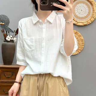 Sẵn sàng - Áo sơ mi nữ 100% cotton mùa hè mới, tay ngắn
