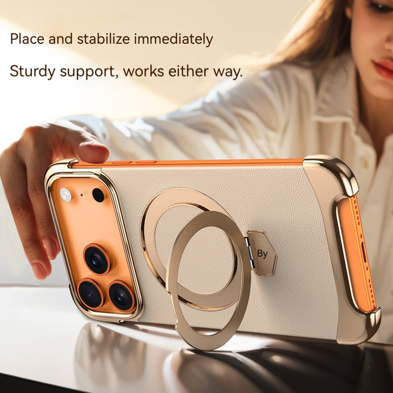 Ốp điện thoại giá đỡ từ tính không khung bằng da cao cấp, cho IPhone 17 16 15 Pro Max 17 Vỏ bảo vệ sạc không dây không khí