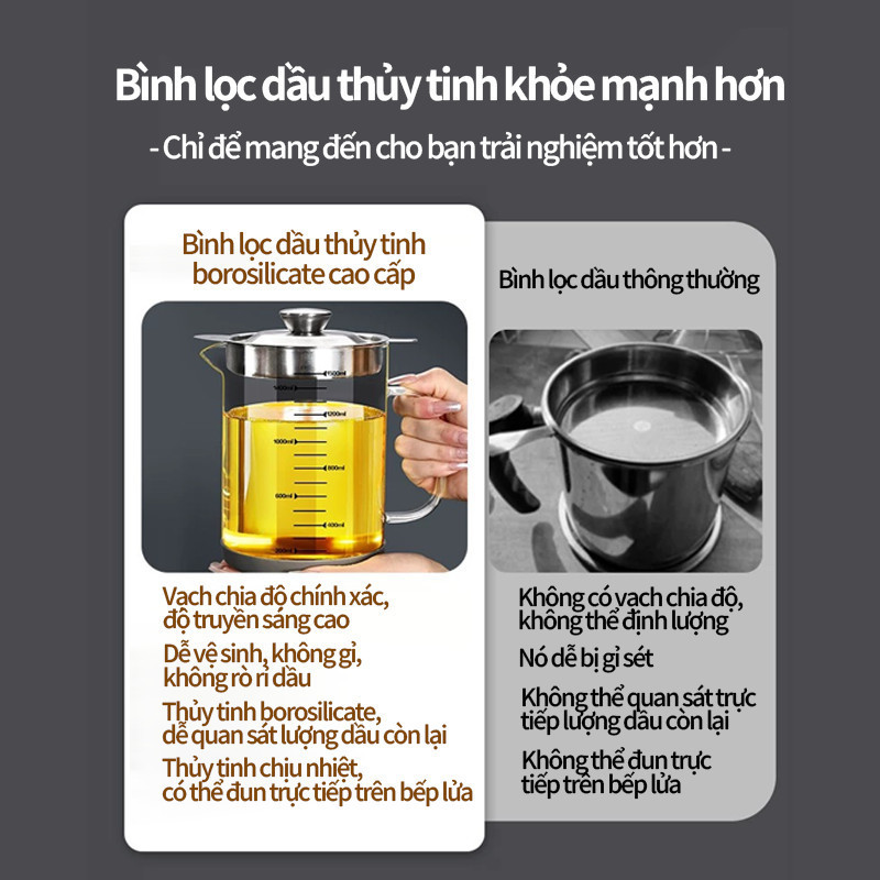 Ca Lọc Dầu Ăn Thủy Tinh Borosilicate - Bình Lọc Dầu Nắp Inox 304, Dung Tích 800-1300ml, Lọc Cặn Tiện Lợi