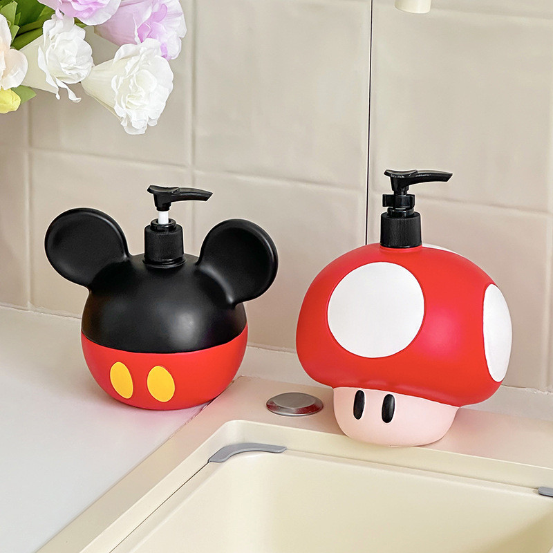 Máy bơm kem dưỡng da hình nấm Mario hoạt hình, Chai xà phòng tay Mickey dễ thương, Hộp đựng dầu gội & nước rửa cơ thể có thể đổ lại