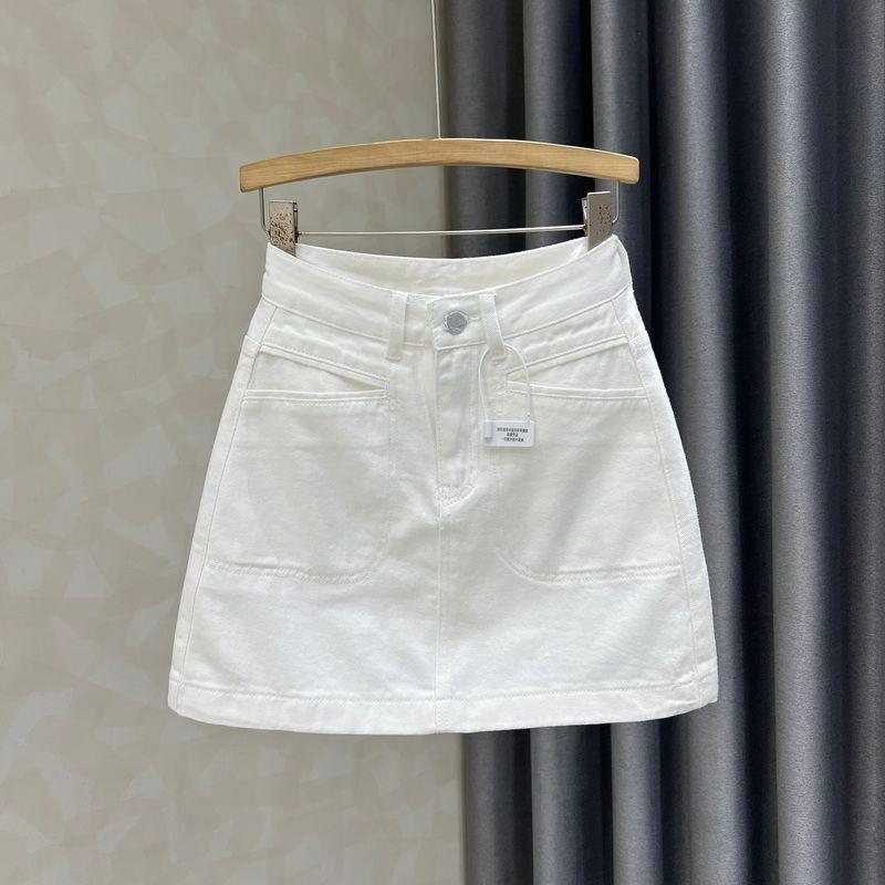 Váy denim eo cao phong cách Hàn Quốc, màu trắng, kiểu dáng chữ A, phù hợp mùa hè