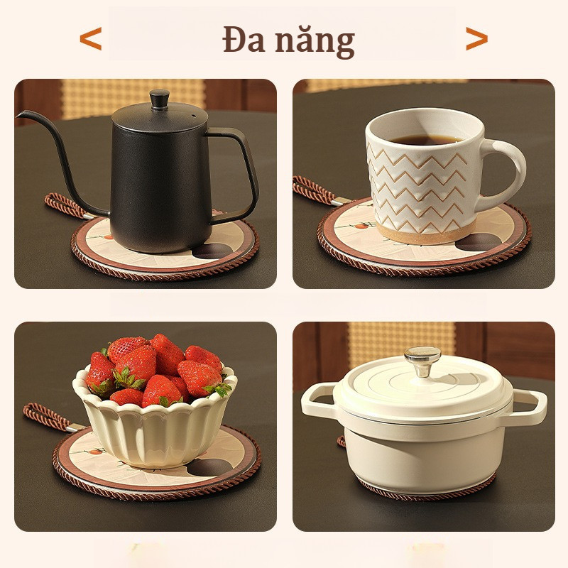 Lót Nồi Gốm Sứ Cách Nhiệt Cao Cấp, Đế Gỗ Chống Trượt, Chịu Nhiệt Tốt, Không Thấm Nước, Có Dây Treo, Trang Trí Bàn Ăn