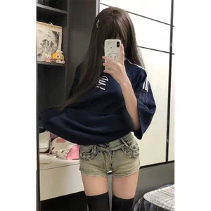 Quần short chữ A DADUHEY denim lưng cao phong cách đường phố Mỹ cổ điển cao cấp