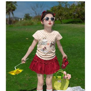 Bộ đồ cho bé gái – Áo thun mèo dễ thương phối chân váy chấm bi đỏ, thoáng khí, phong cách Hàn hè
