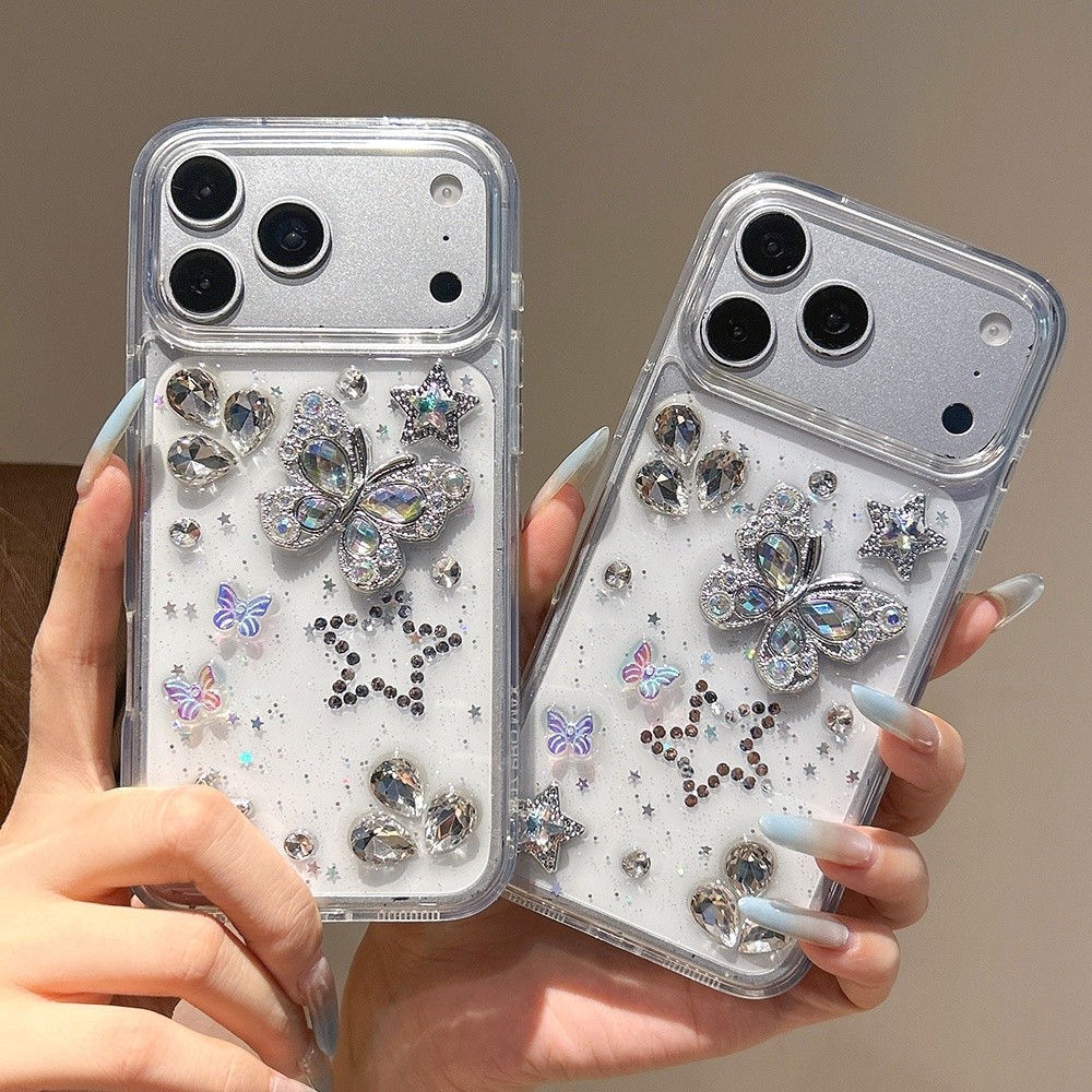 Ốp Điện Thoại Nhựa Bướm Kim Cương 3D Cho iPhone 17 Pro Max 16 15 14 13 Vỏ Bảo Vệ Chống Sốc