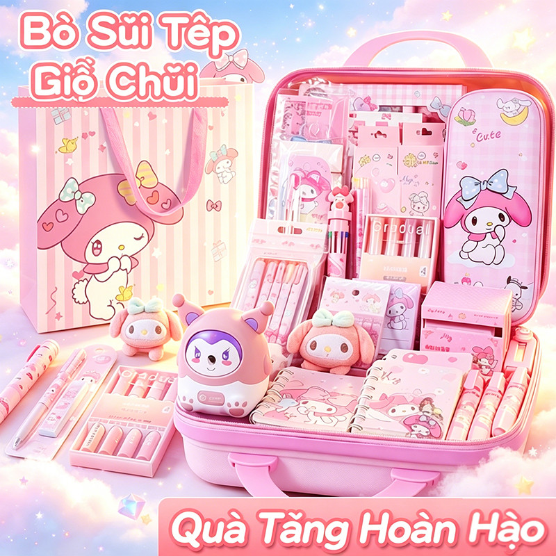 Bộ văn phòng phẩm dễ thương, đầy đủ dụng cụ học tập, hộp quà sinh nhật màu hồng, xanh, tím