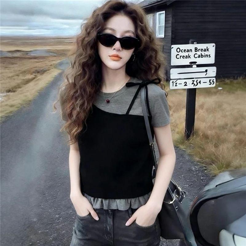 [Ưu đãi có hạn trong thời gian] Áo thun ngắn tay hai mảnh giả dành cho nữ mùa hè sang trọng Slimer Look Top