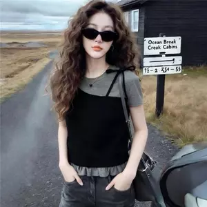 Áo thun ngắn tay hai mảnh giả dành cho nữ mùa hè sang trọng Slimer Look Top