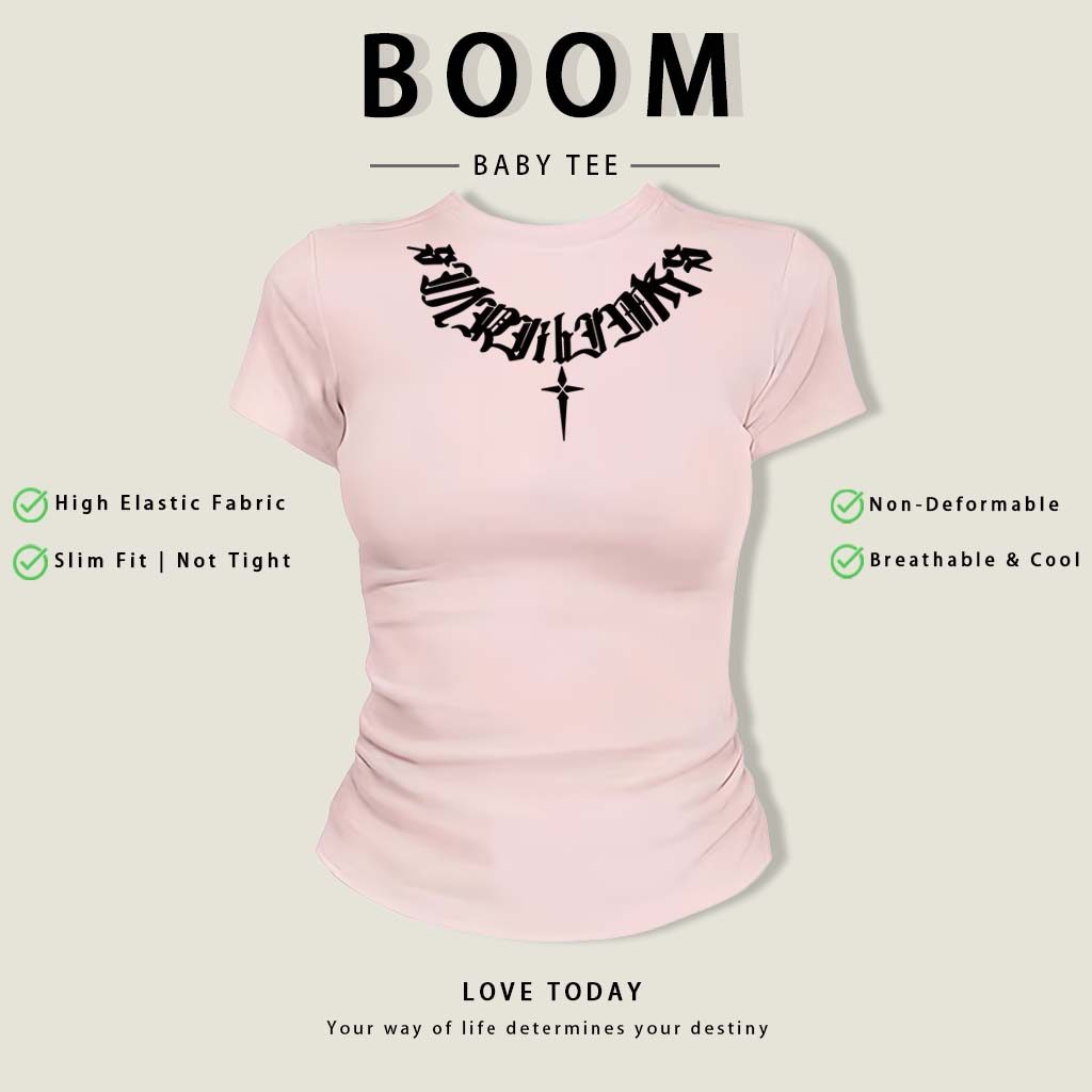 BOOM Áo Baby Tee Nữ Cotton Ôm Body-Áo Thun Ngắn Tay Y2K In Hình PhongCách Mùa Hè, Cổ Tròn Hàng Đầucách hàn quốc phongW75