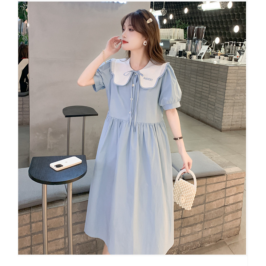 Váy bà bầu mùa hè dáng rộng cổ búp bê ngắn tay Váy dài