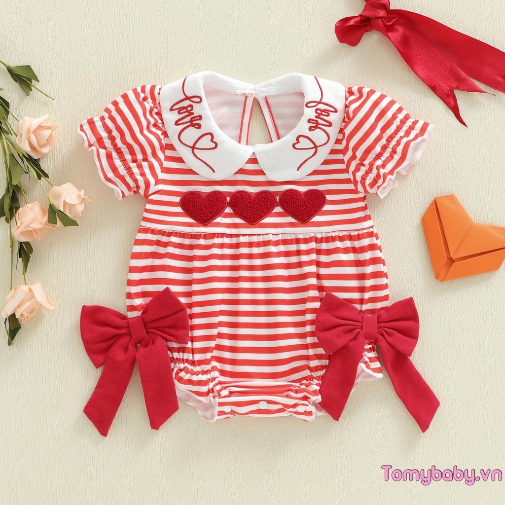 Bé Gái Áo Liền Quần Ngày Lễ Tình Nhân Tay Ngắn Cổ Búp Bê Sọc Thêu Trái Tim Trẻ Sơ Sinh Body