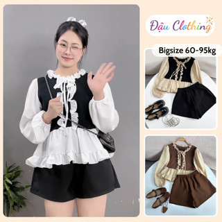 Bộ Đồ Bigsize Nữ Áo Kiểu Babydoll Tay Dài Phối Bèo Tiểu Thư Kèm Quần Đùi Trẻ Trung A336+Q500