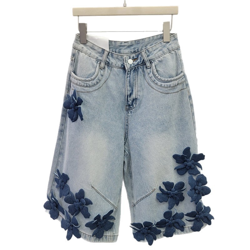 Quần Short Denim Ba Chiều Họa Tiết Hoa Cho Nữ, Phù Hợp Xuẩn Hè, Thiết Kế Sense Eo Cao Rời Năm
