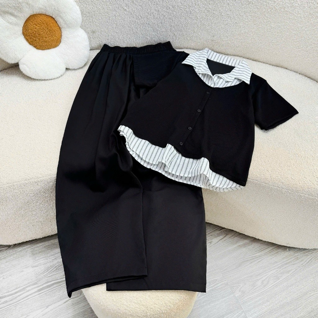Set Đồ Bigsize Nữ  Áo Nút Trước Phối Cổ Sơ Mi + Quần Suông Che Bụng A338+Q558
