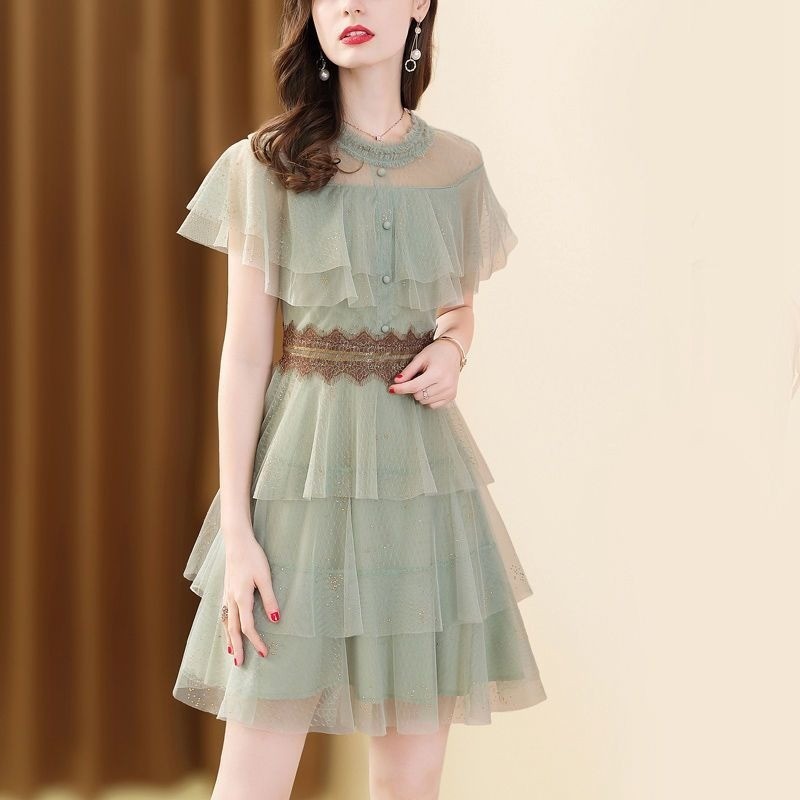Váy Liền Phối Ren Lưới Mẫu Mới Mùa Hè Váy Bánh Bèo Nữ Cổ Tích Tôn Dáng