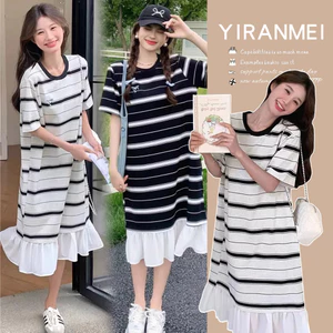 Trang phục bà bầu Thời trang mùa hè Slimer Look Sọc Khâu ren Đầm