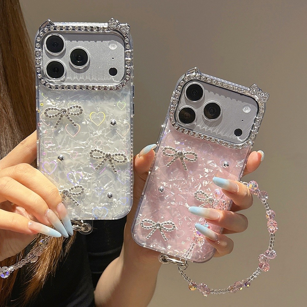 3D Hạt Nơ Vỏ Laser + Dây Xích Kim Cương Tai Mèo Vỏ Điện Thoại Acrylic Cho iPhone 17 Pro Max 17 Air 16 Plus 15 14 13 12 11 Vỏ Bảo Vệ Chống Sốc